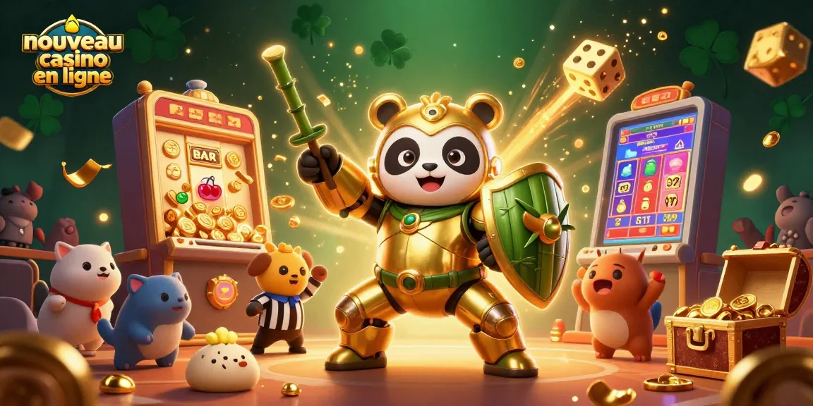 Le nouveau casino en ligne présente une scène dynamique avec un panda doré dans un robot de combat, entouré de jeux d'argent.
