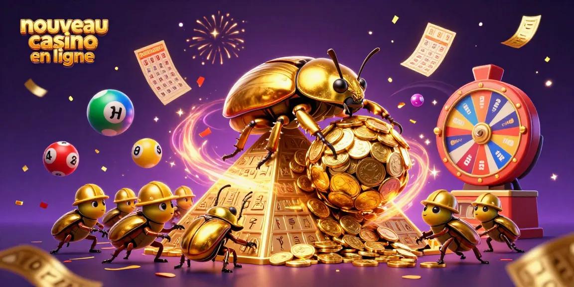 Jouer sur un nouveau casino en ligne avec une illustration colorée de jeux et de symboles.