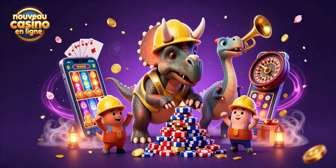 Illustration festive d'un nouveau casino en ligne avec des personnages célébrant autour de jeux et de jetons.