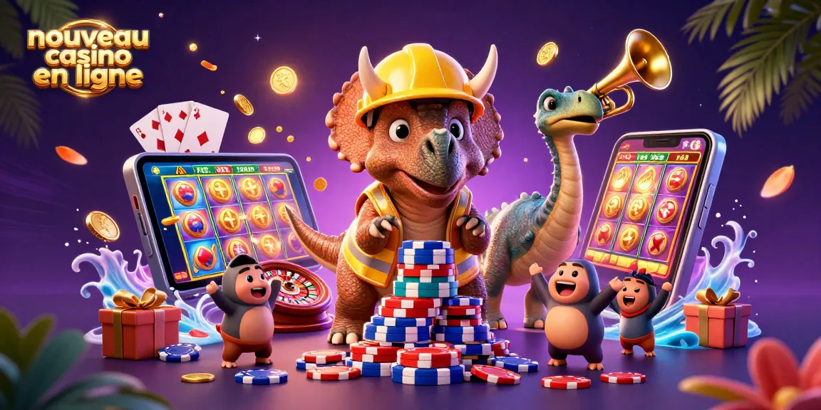 Célébrez le nouveau casino en ligne avec une illustration dynamique de dinosaures et des éléments de jeu colorés.