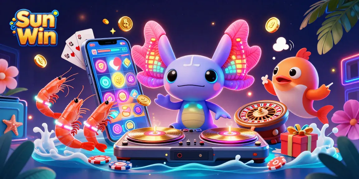 Spin to win with Sun Win: vibrant axolotl DJ and friends celebrating in an underwater casino scene.