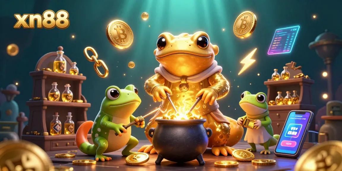 Spin the reels with xn88's magical golden alchemist and crypto treasures in this vibrant casino art